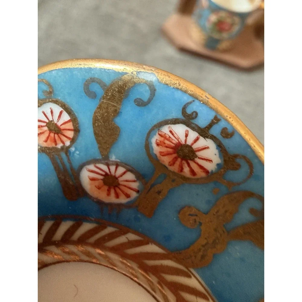 VTG Demitasse Cup & Saucer Porcelain Hand Painted Blue & Gold Floral Hokutosha